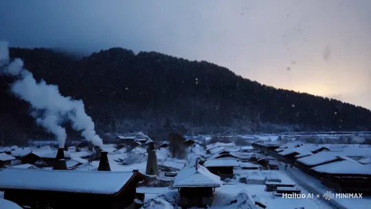 傍晚时分，中国北方，大雪中，小村庄炊烟袅袅，背景音乐轻松 by Hailuo AI Video Generator