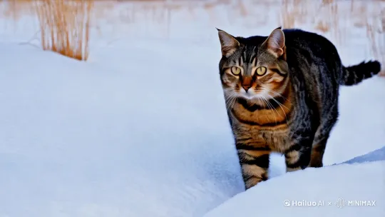狸花猫霸气归来的视频，猫要再壮一些，视频的背景要是冬季雪地里。周围杂草丛生 by Hailuo AI Video Generator