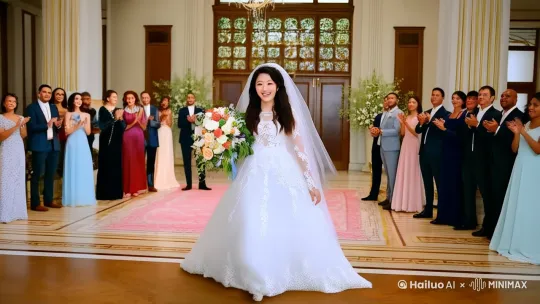 在婚礼殿堂，女子身穿婚纱，手捧鲜花缓缓走来，女子洋溢着幸福的笑容，周围人们微笑鼓掌，远处超人飞来缓缓落地，和女子手牵手 by Hailuo AI Video Generator