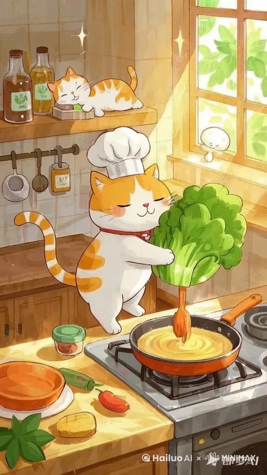 小猫在桌面上  自然流畅的 烧菜 by Hailuo AI Video Generator