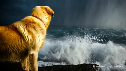 在狂风暴雨大海上，一只勇敢的大黄狗面对掉在海里男主人，疯狂对他呼叫，想把他救上来 by Hailuo AI Video Generator