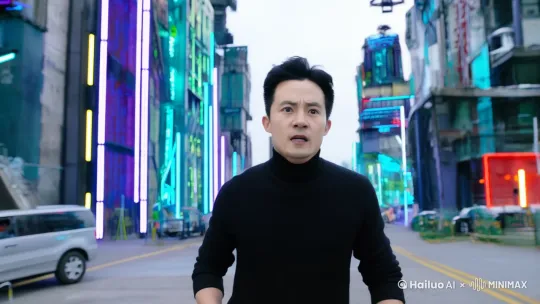 主角穿黑色半高领毛衣被枪击中，然后逐渐变成机器人 by Hailuo AI Video Generator