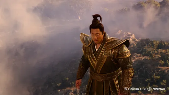 林风爆发出强大的气势，身体开始变大，周围的空间都在震动。他的身形逐渐变得如山般巨大，身上散发着金色的光芒，犹如战神降临。 by Hailuo AI Video Generator