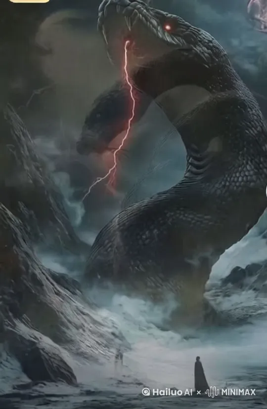 魔幻巨蟒：画面中是一条体型如山般庞大的巨蟒，营造出强烈的魔幻氛围。
 
风雨雷电：巨蟒身处风雨交加的环境，红色闪电划破夜空，增添紧张感。
 
神秘氛围：地面上孤独的身影，与巨蟒形成对比，凸显神秘与未知。 by Hailuo AI Video Generator