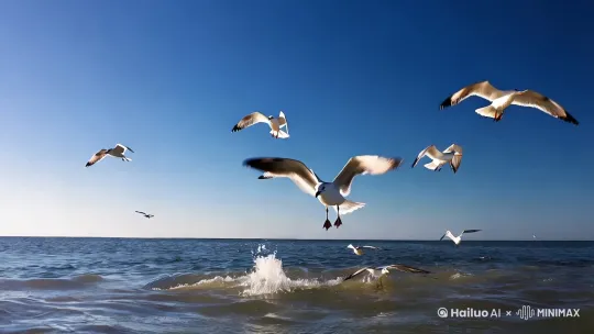 海平面上升，陆地被全部淹没，人类全部灭绝，所只有海鸥，海鸥在海面上飞翔，有的海鸥一直在水里游泳。电影级运镜。蓝天，白云。 by Hailuo AI Video Generator