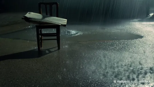 [鏡頭1：仰拍]（慢推+雨滴落鏡頭）
—— 雨點打在傘面，發出細碎的聲音。鏡頭緩慢推近，一把油布傘靜靜地倚在木椅邊，水滴順著傘沿滑落，打濕地上的積水。

🔹 [鏡頭2：側拍]（模糊到清晰）
—— 一個人從畫面左側走來，鏡頭隨著他的腳步平移。他穿著深色風衣，低著頭，影子拉長在濕漉漉的地面上。

🔹 [鏡頭3：特寫]（手部細節）
—— 他的手伸向油布傘，指尖輕觸雨水，短暫停頓後，緩緩將傘拿起。

🔹 [鏡頭4：低角度]（雨水逆光映照）
—— 傘被撐開，水珠濺落，鏡頭透過傘骨的縫隙，捕捉到對面的身影——模糊、靜止。

🔹 **[鏡頭5：平視】（推鏡）
—— 他抬頭，鏡頭對焦，迎面一個人靜靜地走來，沒有撐傘，雨水順著發絲滑落。

🔹 [鏡頭6：超近特寫]（眼神交錯）
—— 兩人目光交匯，一瞬間，四周聲音彷彿被雨水吞沒，只剩彼此的眼神。

🔹 [鏡頭7：環繞運鏡]（緩慢旋轉）
—— 鏡頭圍繞兩人緩慢旋轉，雨絲在光線下閃爍，傘的邊緣晃動，像是某種界限，又像是某種連結。

🔹 [鏡頭8：拉遠]（留白）
—— 鏡頭逐 by Hailuo AI Video Generator