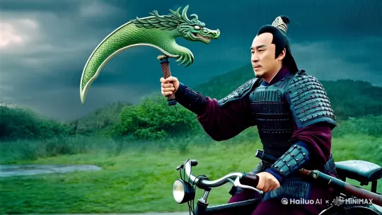 关羽骑着自行车，手持青龙偃月刀高高举起，缓缓而来，前方吕布骑着大蛇回头张望，天气乌云密布，小雨滴答滴答，关羽手起刀落，吕布跳蛇而逃，关羽哈哈大笑，手舞足蹈 by Hailuo AI Video Generator