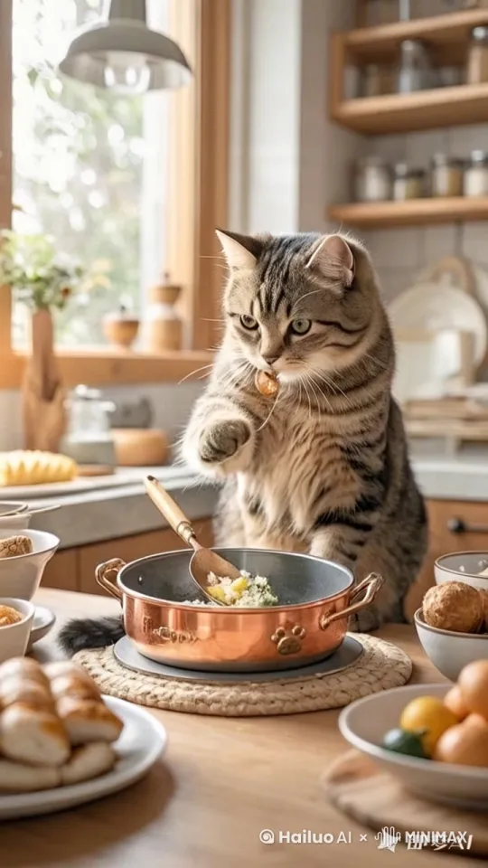 猫咪搅拌食物 by Hailuo AI Video Generator