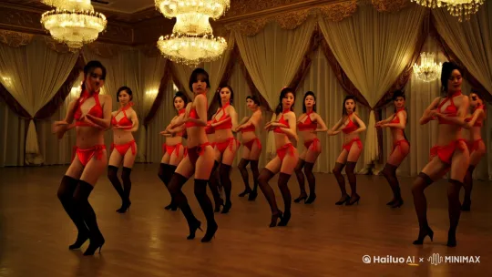 一群穿着比基尼和黑丝的中国美人在跳性感舞蹈 by Hailuo AI Video Generator
