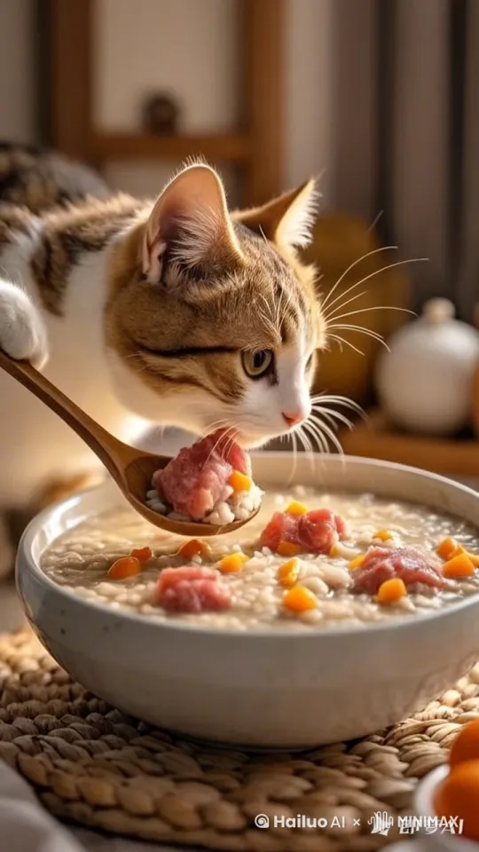 猫咪将食物盛出来 by Hailuo AI Video Generator