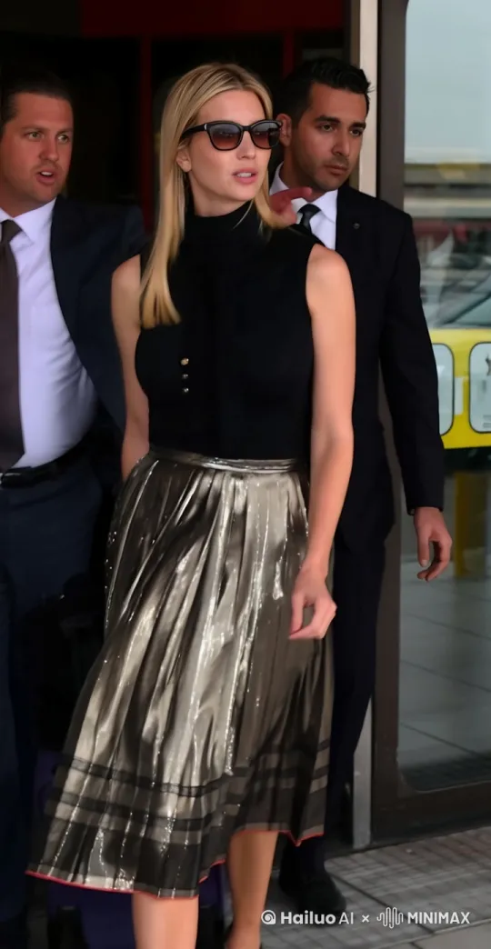 女模特IVANKA TRUMP头发随风飘动，右手慢慢抬起撩动头发，然后右手慢慢摘掉眼镜，然后挥动摘下的眼镜，头转向镜头微笑打招呼 by Hailuo AI Video Generator