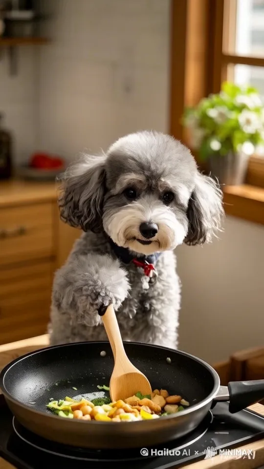 一只灰色泰迪犬在炒菜，锅里的菜冒着热气，它看着锅里的菜流口水 by Hailuo AI Video Generator