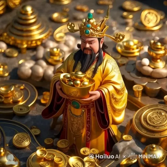 财神踏起祥云，手中散播金钱 by Hailuo AI Video Generator