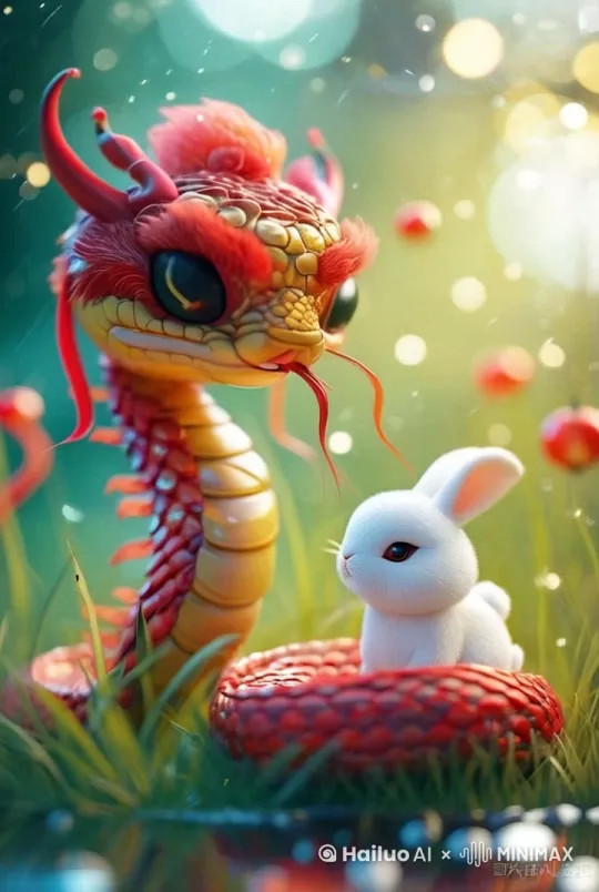 红蛇看着镜头，亲吻小兔，小兔子很开心 by Hailuo AI Video Generator