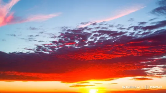 夕阳坠入地平线，西边天际漫天红霞， by Hailuo AI Video Generator