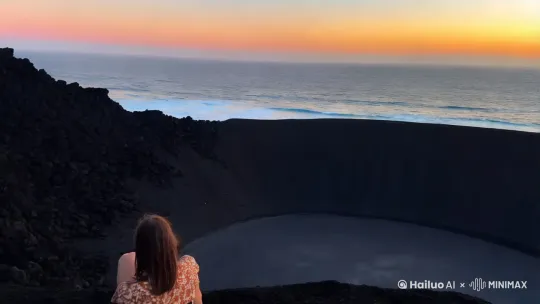 悠闲坐在火山口，鸟瞰海边的美景 by Hailuo AI Video Generator