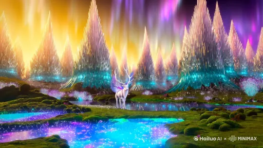 1. 场景设定 (Environment)
核心场景:天镜森林(魔幻风格/超现实自然景观)
环境特征:
巨型半透明水晶树冠形成天然穹顶
地面覆盖荧光苔藓与流动星尘
镜面湖泊倒映彩色极光
空气中悬浮发光孢子与魔法粒子
时间:永恒黄昏(金色与淡紫色渐变天空)
2. 主体生物 (Subject)
物种:精灵鹿(神话生物)
外观细节:
银白色半透明皮毛带有水纹波动特效
珊瑚状发光鹿角(渐变蓝紫色)
蝶翼状透明翅膀(带虹彩折射效果)
蹄部接触地面时产生涟漪特效
体型:优雅修长,肩高约2.5米
3. 动态元素 (Motion)
核心动作:
慢镜头奔跑(四蹄离地悬浮瞬间)
翅膀每3秒完成一次全展开扇动
奔跑轨迹残留光粒子拖尾
环境互动:
踏过镜湖时水面形成几何波纹
惊起发光萤火虫群形成动态光带
鹿角与水晶树冠产生能量共鸣光效
4. 镜头语言 (Cinematography)
运镜设计:
开场:上帝视角俯拍森林全景
中段:贴地跟踪镜头+环绕运镜
高潮:仰角特写鹿角与翅膀展开
收尾:第一视角穿越光雾的沉浸体验
景深控制:浅景深突出生物主体
5. 艺术风格 (Art Style)
视觉基调:新艺术运动曲线+赛博朋克光效
色彩方案:
主色调:珍珠白/液态银
辅助色:虹彩蓝/星云紫
高光:镭射金
材质表现:半透明生物发光皮肤+晶体折射效果 by Hailuo AI Video Generator