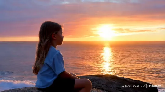 一个女孩坐在海边的石头上，看着海面的夕阳 by Hailuo AI Video Generator