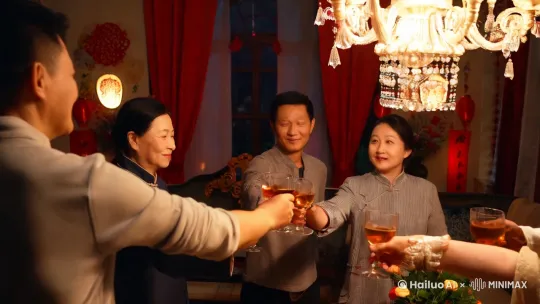 一家人在家里吃年夜饭，举杯祝新的一年身体健康，万事如意。然后再放烟火。 by Hailuo AI Video Generator