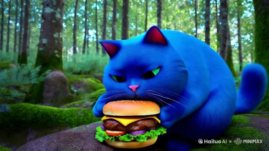 一只蓝色的胖猫在森林里面吃汉堡。 by Hailuo AI Video Generator