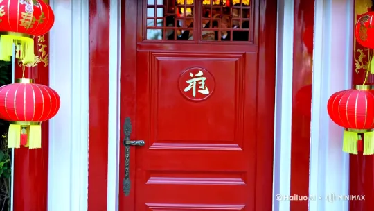 镜头从远处缓缓推进，展示一幅贴着“福”字的红色大门，门上挂着红灯笼，门内传来欢快的音乐声。 by Hailuo AI Video Generator