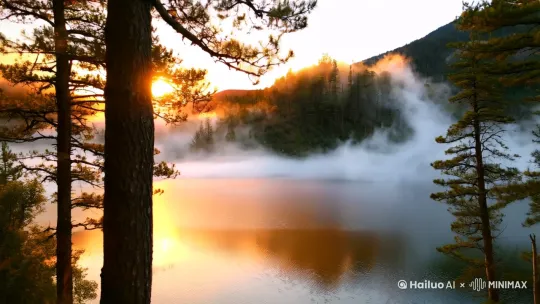 A serene mountain lake at sunrise, mist rising over pine trees, 4K cinematic. by Hailuo AI Video Generator
