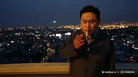 纪实摄影风格，画面聚焦在一个39岁、略显疲惫的中年男子，微胖的身材透露出曾经的舒适生活。他站在大楼的天台，外面是车水马龙，万家灯火的城市全景，他看起来很忧伤，他刚刚经历了创业失败，他深深的吸了一口烟，对着天家大喊了一声，苍天啊。正面与则面视角，捕捉这一刻深刻的情感瞬间。 by Hailuo AI Video Generator