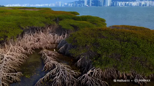 深圳湾红树林是福田红树林自然保护区的一部分，位于深圳湾北东岸深圳河口，是我国唯一位于市区的国家级自然保护区。‌

‌地理位置与面积‌

深圳湾红树林位于福田区红树林路1号，面积约为368公顷，是我国面积最小的自然保护区之一‌12。
‌生态环境与生物多样性‌

该地区是众多鸟类的栖息地，每年吸引超过10万只候鸟在此歇脚或过冬，其中包括黑脸琵鹭、白琴鹭、黑嘴鸥等‌13。
红树林生态系统为多种动植物提供了生存环境，保护区内还有其他55种植物‌1。
‌保护措施与监测技术‌

自2020年起，保护区构建了“空天地”一体化监测平台，利用4K高清摄像头和红外相机进行24小时不间断监测，以减少对鸟类的干扰‌3。
保护区还通过红外相机记录到国家一级重点保护野生动物小灵猫的身影，显示出生态环境的持续改善‌
视频要在三分钟左右。 by Hailuo AI Video Generator