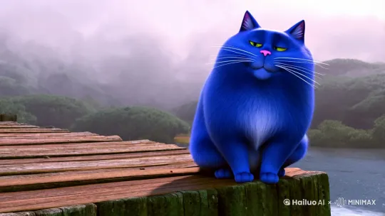 一只蓝色的胖猫在大桥上，突然，他从桥上跳了下去 by Hailuo AI Video Generator