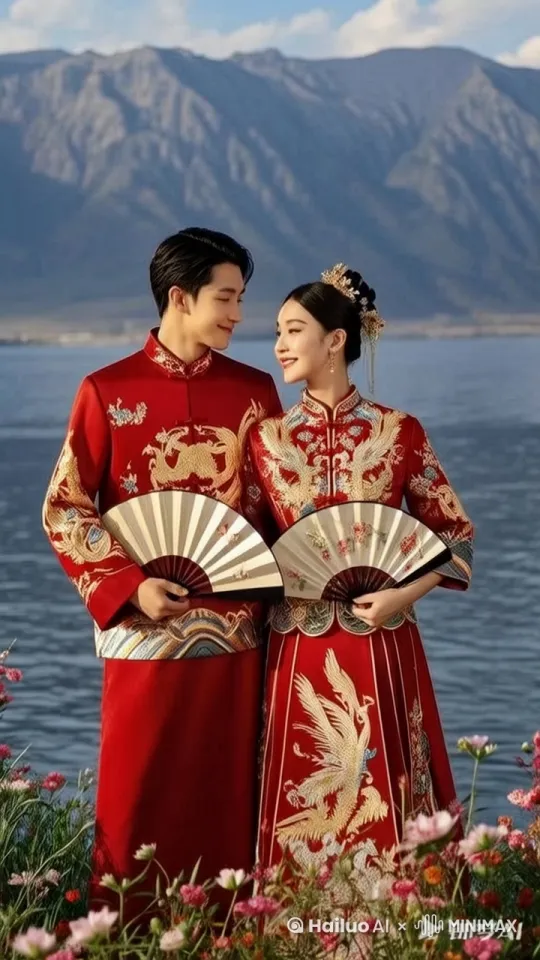 新婚拍摄 展现新人幸福美满 温馨的画面 远处河水轻缓流动 金色的阳光从左上方照射在新人头顶 两人轻摇折扇相视而笑 by Hailuo AI Video Generator