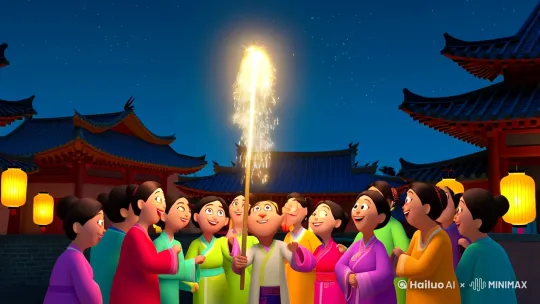 设计一段一群人在放烟花的国漫风视频 by Hailuo AI Video Generator