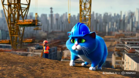帮我生成一个蓝色胖猫在工地干活的视频 by Hailuo AI Video Generator