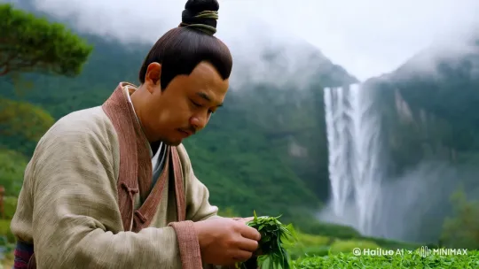 **画面描述**:<br>**主体**:一位古代茶农穿着传统汉服,手持竹篮,正在采摘茶叶。<br>**细节**:茶农的手部特写,手指轻轻捏住嫩绿的茶芽,背景是云雾缭绕的山峦,远处有瀑布飞流直下。<br>**风格**:中国古典水墨画风格,淡雅的色彩,柔和的笔触。<br>**氛围**:古朴、神秘、充满历史感。 by Hailuo AI Video Generator