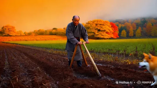 秋天，远处，我一个50男人在日本乡村种地，边上一只秋田犬在奔跑 by Hailuo AI Video Generator