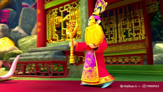 小灵蛇领着财神爷来拜年，财神爷手持玉如意和金元宝，所到之处点石成金 by Hailuo AI Video Generator