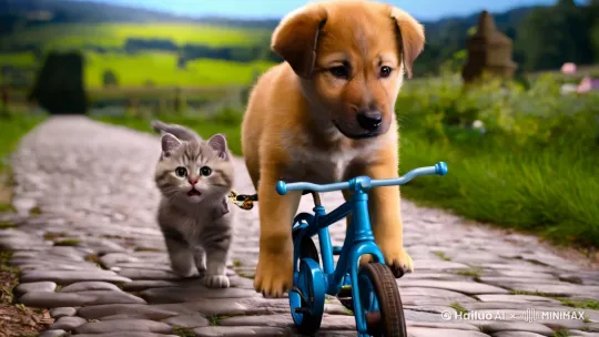 小狗拉小猫骑单车 by Hailuo AI Video Generator