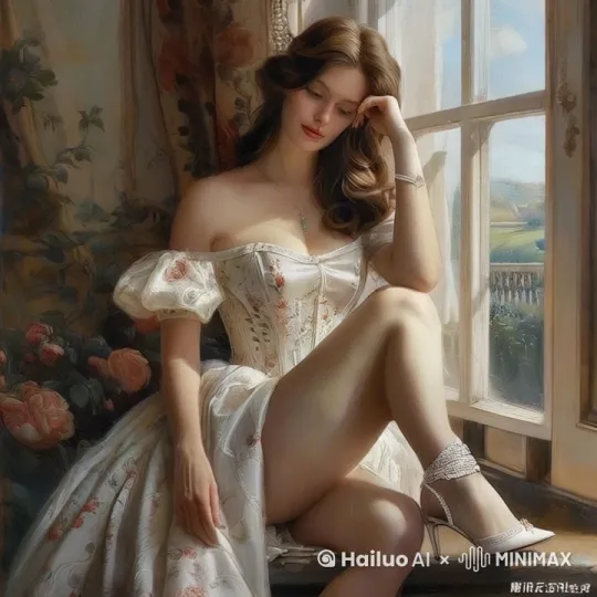 坐在窗台上的女主角从窗台起身朝相机镜头方向漫步走来 by Hailuo AI Video Generator