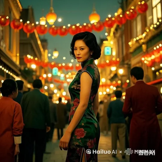 帮我生成个视频，热闹非凡的街道，到处洋溢着节日的喜庆，一个成熟性感的女性，高挑身材，穿旗袍，走在路中间，高冷孤独的气质虽然美丽大方却与周围格格不入。 by Hailuo AI Video Generator
