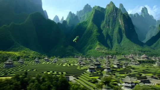 此处和其它的山脉没什么区别,也是山岭险峻,树木葱郁,但实际上却是被一座超大的奇门大阵所覆盖,全是幻象而已,下面其实早已密密麻麻的建起了无数的楼台,大殿,更有一些脚踏叶子形状法器的修仙者,在低空处飞来飞去,不停忙碌着。 by Hailuo AI Video Generator