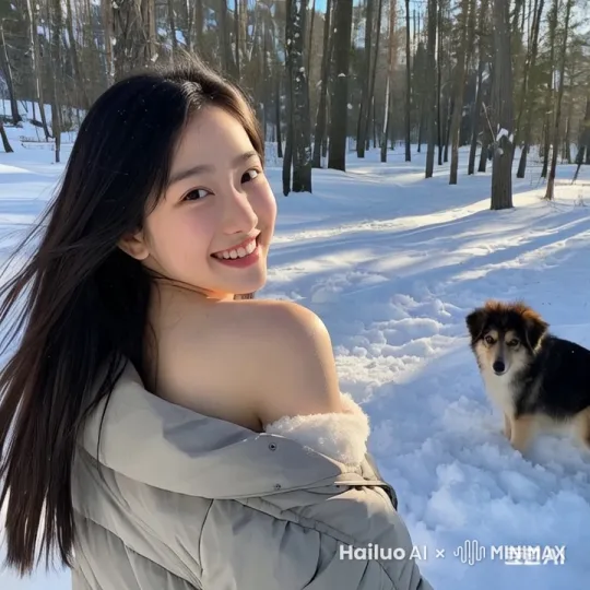 银装素裹的山林、厚厚的积雪、湛蓝的天空、清新的空气、少女身身着时尚冬季衣服、下身穿着紧身翘臀牛仔裤，修长腿，饱满，晶莹的雪花飘落、清澈明亮大眼睛、双眼皮，微笑时露出的小酒窝甜美可爱、柔顺的长发在风中微微摆动，高清照 by Hailuo AI Video Generator