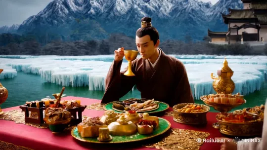 金樽清酒斗十千，玉盘珍羞直万钱。停杯投箸不能食，拔剑四顾心茫然。欲渡黄河冰塞川，将登太行雪满山。闲来垂钓碧溪上，忽复乘舟梦日边。行路难，行路难，多歧路，今安在？长风破浪会有时，直挂云帆济沧海。 by Hailuo AI Video Generator