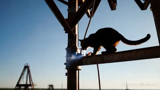 炎热的夏天，猫咪在高空不辞辛苦的在焊接钢结构，配上合适的背景音乐 by Hailuo AI Video Generator