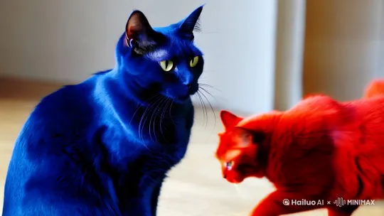 一个蓝色的猫和一个红色的猫。打一 by Hailuo AI Video Generator