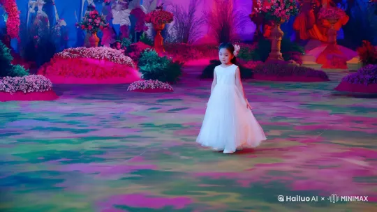 一位少女身披白纱脚踏迷彩于梦幻的世界中充满浪漫的色彩元素以及丰富多样性元素构成完美视觉盛宴，光芒照耀着整个大地，不仅浪漫梦幻好像巴洛克风格的感觉 by Hailuo AI Video Generator