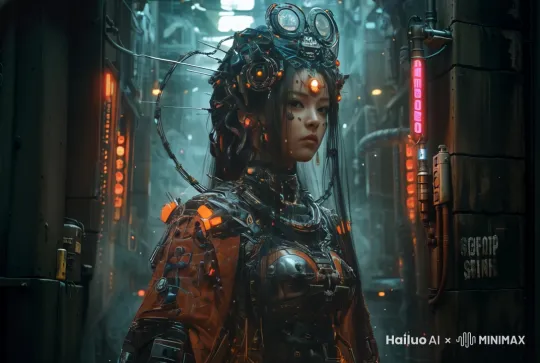 女祭司凝视镜头，回眸，身上的橙色LED闪烁，背景有蒸汽烟雾，霓虹闪烁 by Hailuo AI Video Generator