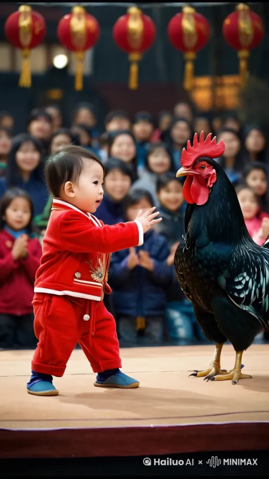 史诗级的打架现场，一个身穿红色新年衣服的一岁男孩和一只大公鸡剑拔弩张，准备开打，旁边围满了鼓掌的观众，现场打得热血沸腾， by Hailuo AI Video Generator