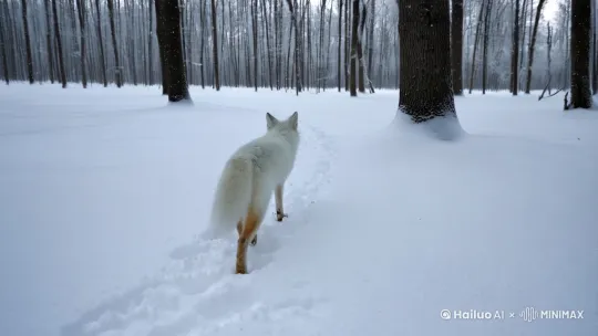 一只白色的狐狸孤独的走在森立的雪地里，雪地上留着白色狐狸的一步步脚印，天空飘着雪，远处是白茫茫的雪覆盖着的森林，镜头是高空偏侧面，由远慢慢的拉进。写实摄像风格，视频比例设置为9:16 by Hailuo AI Video Generator