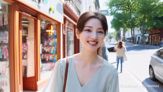 她正在大街上悠闲地走着，阳光洒在她的肩头，微风轻拂过她的发梢。街道两旁的商店琳琅满目，橱窗里展示着各式各样的商品。行人来来往往，有的行色匆匆，有的则像她一样，享受着这难得的闲暇时光。偶尔有汽车驶过，带起一阵轻微的风。她的心情格外舒畅，仿佛整个世界都在为她让路 by Hailuo AI Video Generator