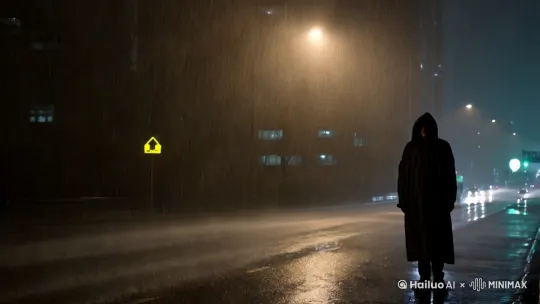 大雨飘飞的夜晚，有一辆公交车驶过，有一个孤独的背影 by Hailuo AI Video Generator