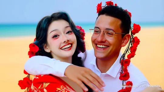 白衬衫戴眼镜的男子很高兴，抱住沙滩上穿比基尼的女子，镜头拉进，聚焦到两人脸上，两人流漏出幸福的喜悦 by Hailuo AI Video Generator